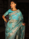 Banarasee Organza Mix Saree With Zari Buta & Scallop Border Design-Blue