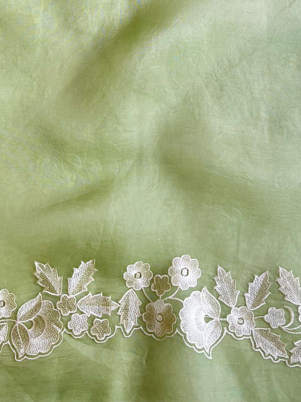 Banarasee Pure Organza Silk Saree With Floral Resham Embroidery-Light Green