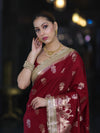 Banarasee Handloom Soft Silk Saree With Trishul Design Ganga Ghat Border & Lace-Maroon