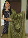 Banarasee Chanderi Cotton Salwar Kameez Fabric With Antique Zari & Contrast Dupatta-Blue & Olive Green