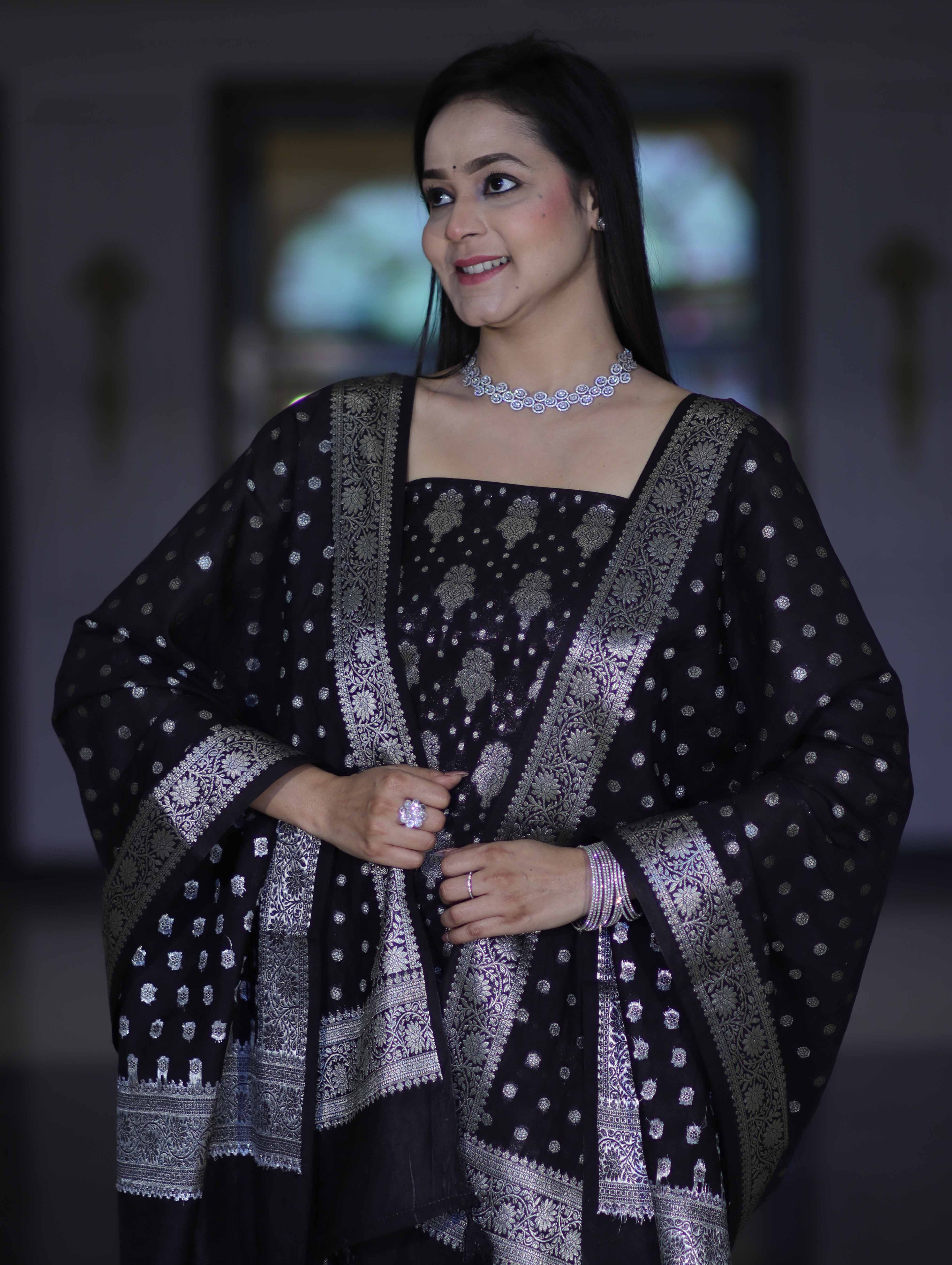 Banarasee Faux Georgette Zari Work Salwar Kameez Fabric With Dupatta Set-Black
