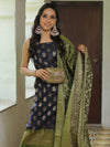 Banarasee Chanderi Cotton Salwar Kameez Fabric With Antique Zari & Contrast Dupatta-Blue & Olive Green