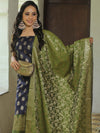 Banarasee Chanderi Cotton Salwar Kameez Fabric With Antique Zari & Contrast Dupatta-Blue & Olive Green