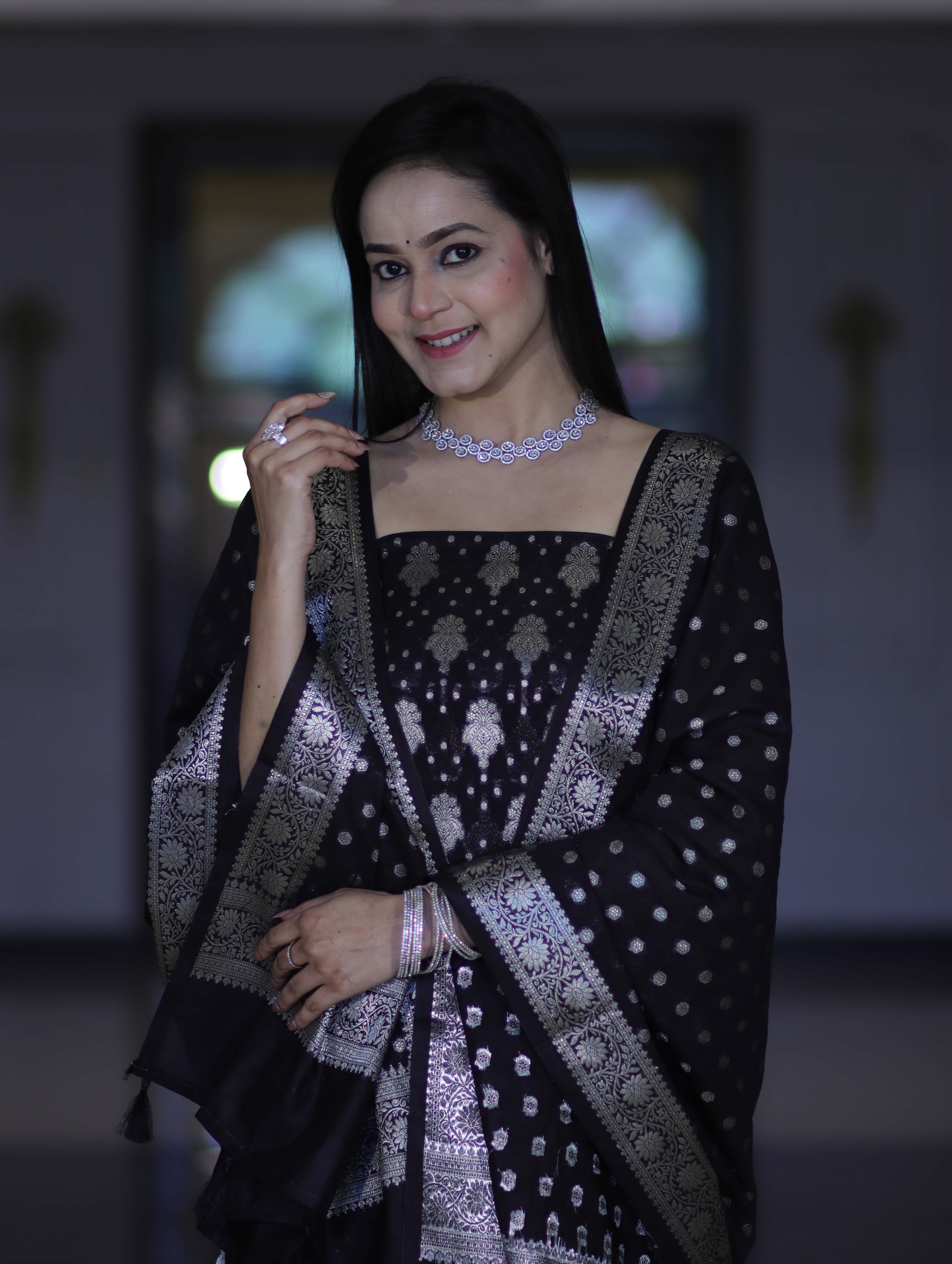 Banarasee Faux Georgette Zari Work Salwar Kameez Fabric With Dupatta Set-Black