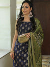 Banarasee Chanderi Cotton Salwar Kameez Fabric With Antique Zari & Contrast Dupatta-Blue & Olive Green