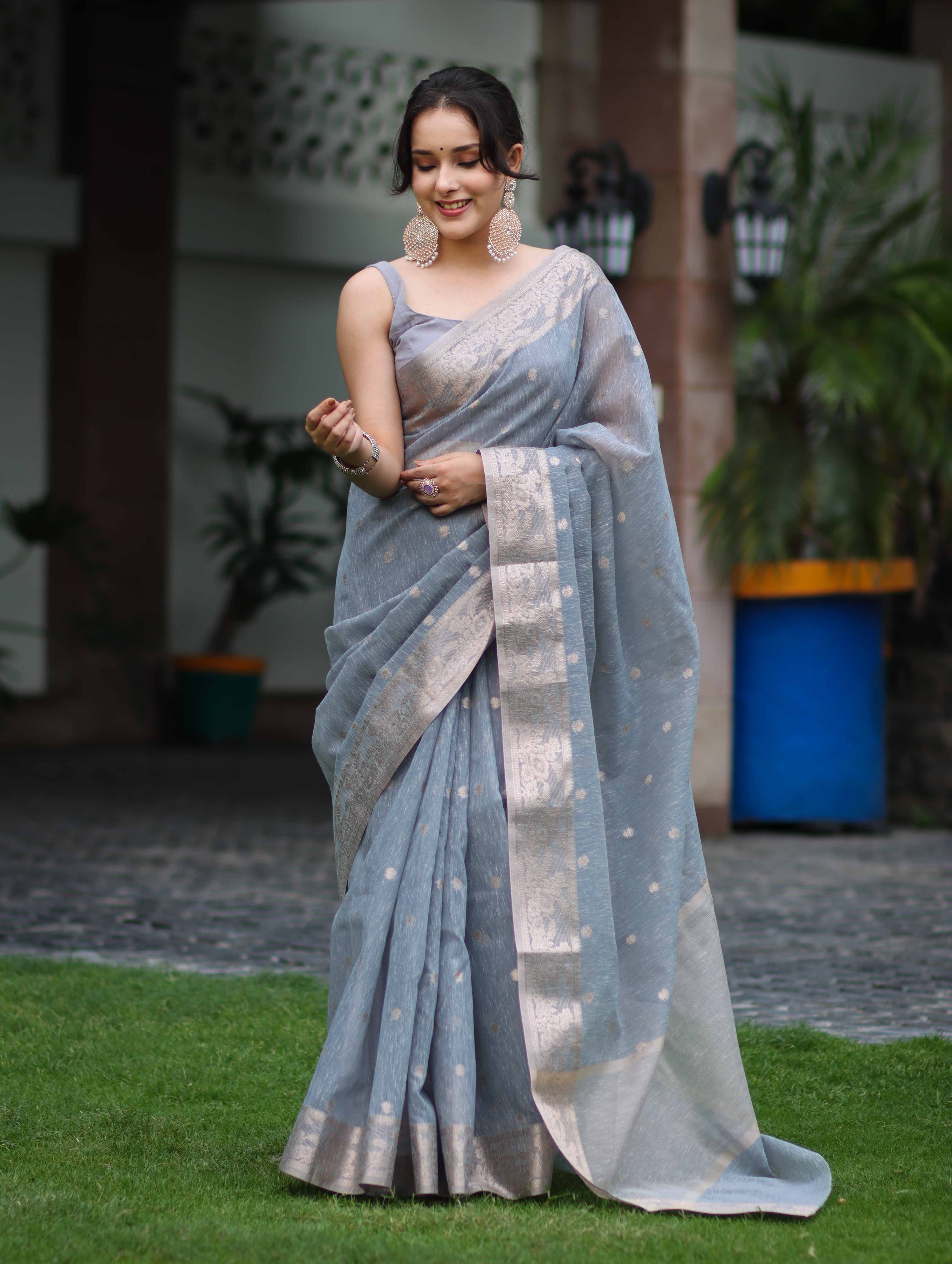 Banarasee Handloom Cotton Silk Saree With Zari Work & Border-Dusty Blue