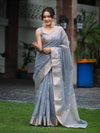 Banarasee Handloom Cotton Silk Saree With Zari Work & Border-Dusty Blue