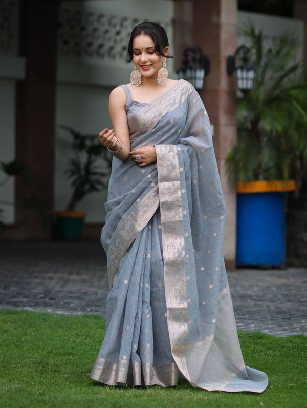Banarasee Handloom Cotton Silk Saree With Zari Work & Border-Dusty Blue