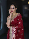 Banarasee Handloom Soft Silk Saree With Trishul Design Ganga Ghat Border & Lace-Maroon