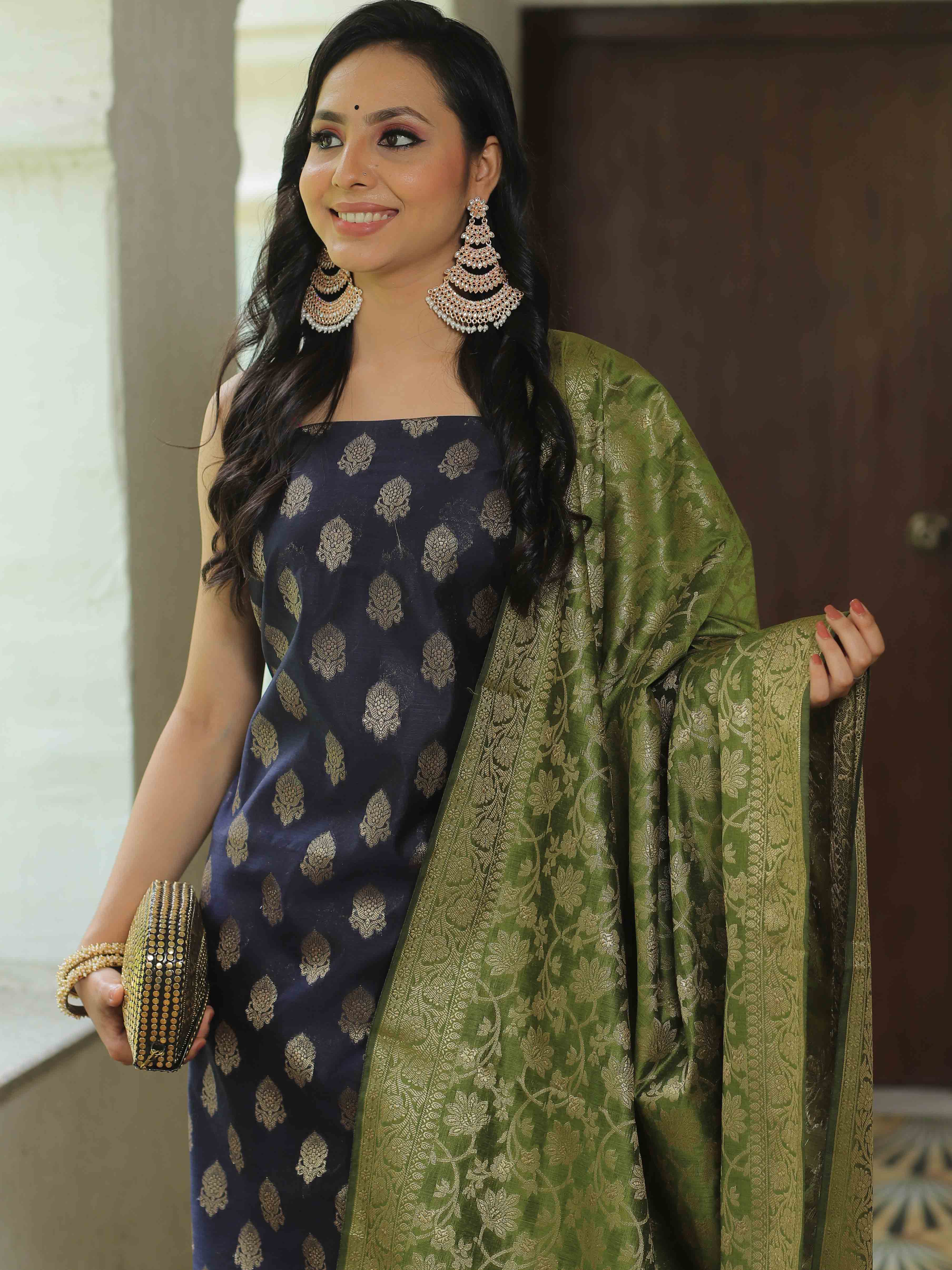 Banarasee Chanderi Cotton Salwar Kameez Fabric With Antique Zari & Contrast Dupatta-Blue & Olive Green