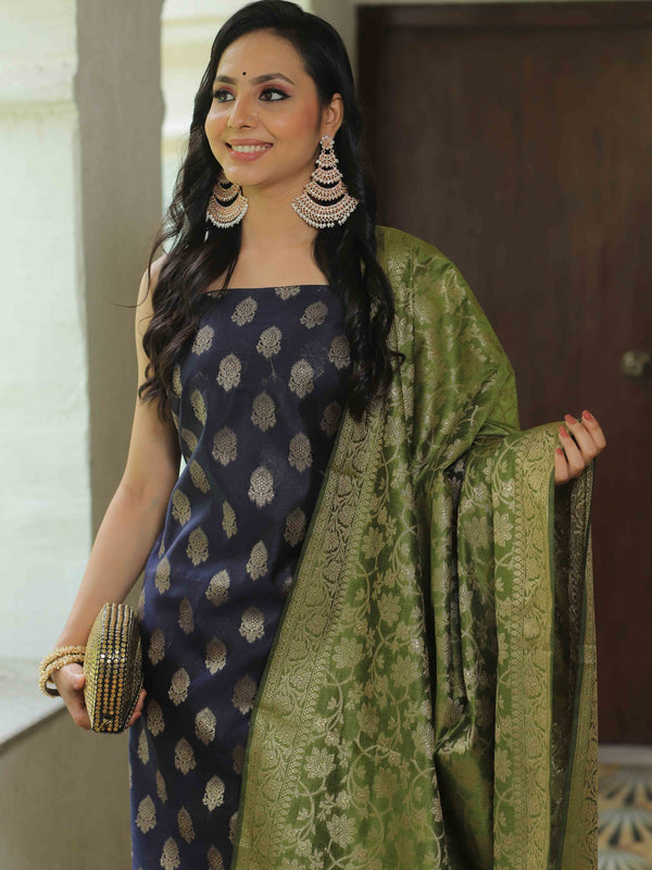 Banarasee Chanderi Cotton Salwar Kameez Fabric With Antique Zari & Contrast Dupatta-Blue & Olive Green