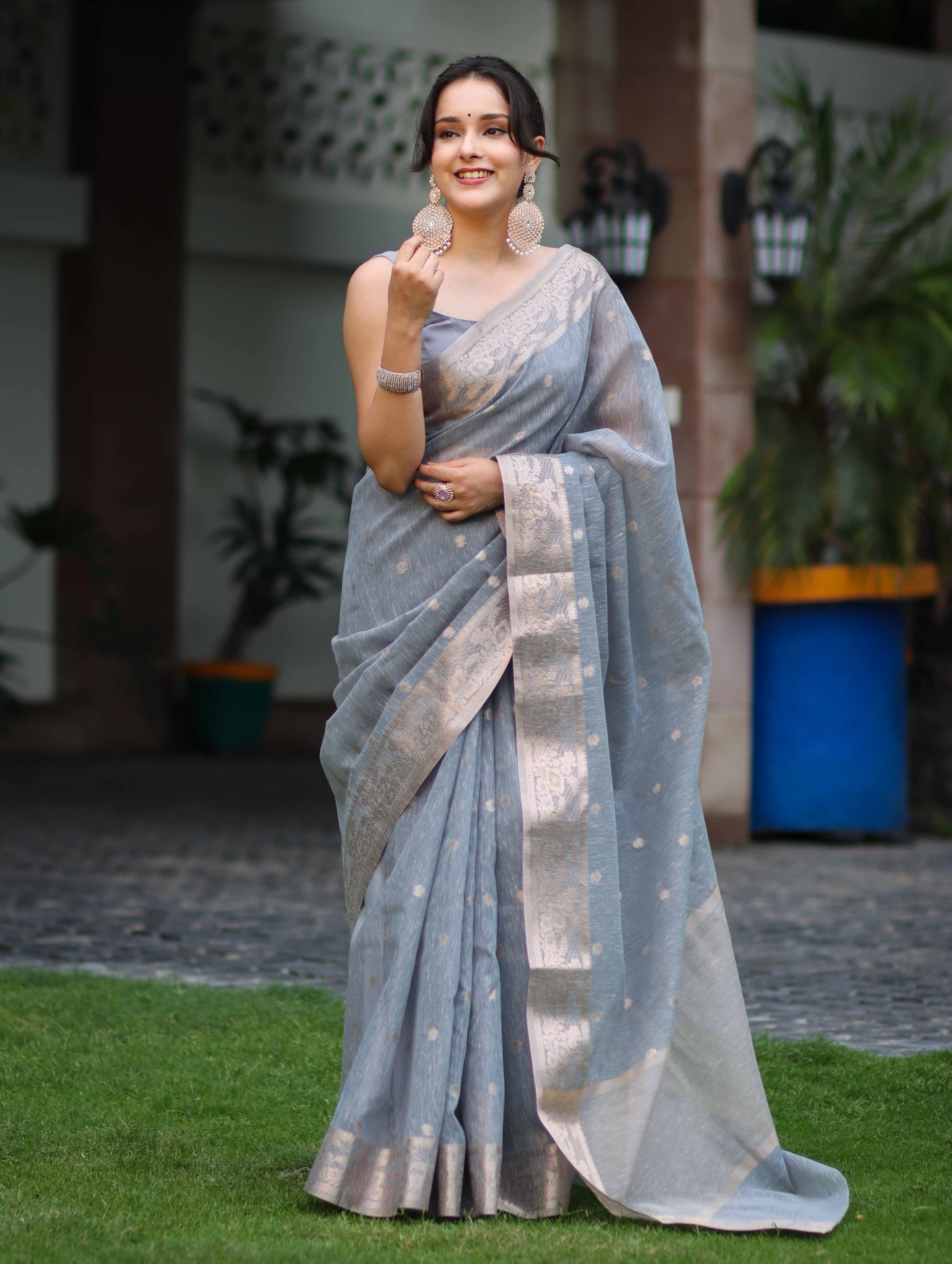 Banarasee Handloom Cotton Silk Saree With Zari Work & Border-Dusty Blue