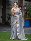 Banarasee Handloom Cotton Silk Saree With Zari Work & Border-Dusty Blue