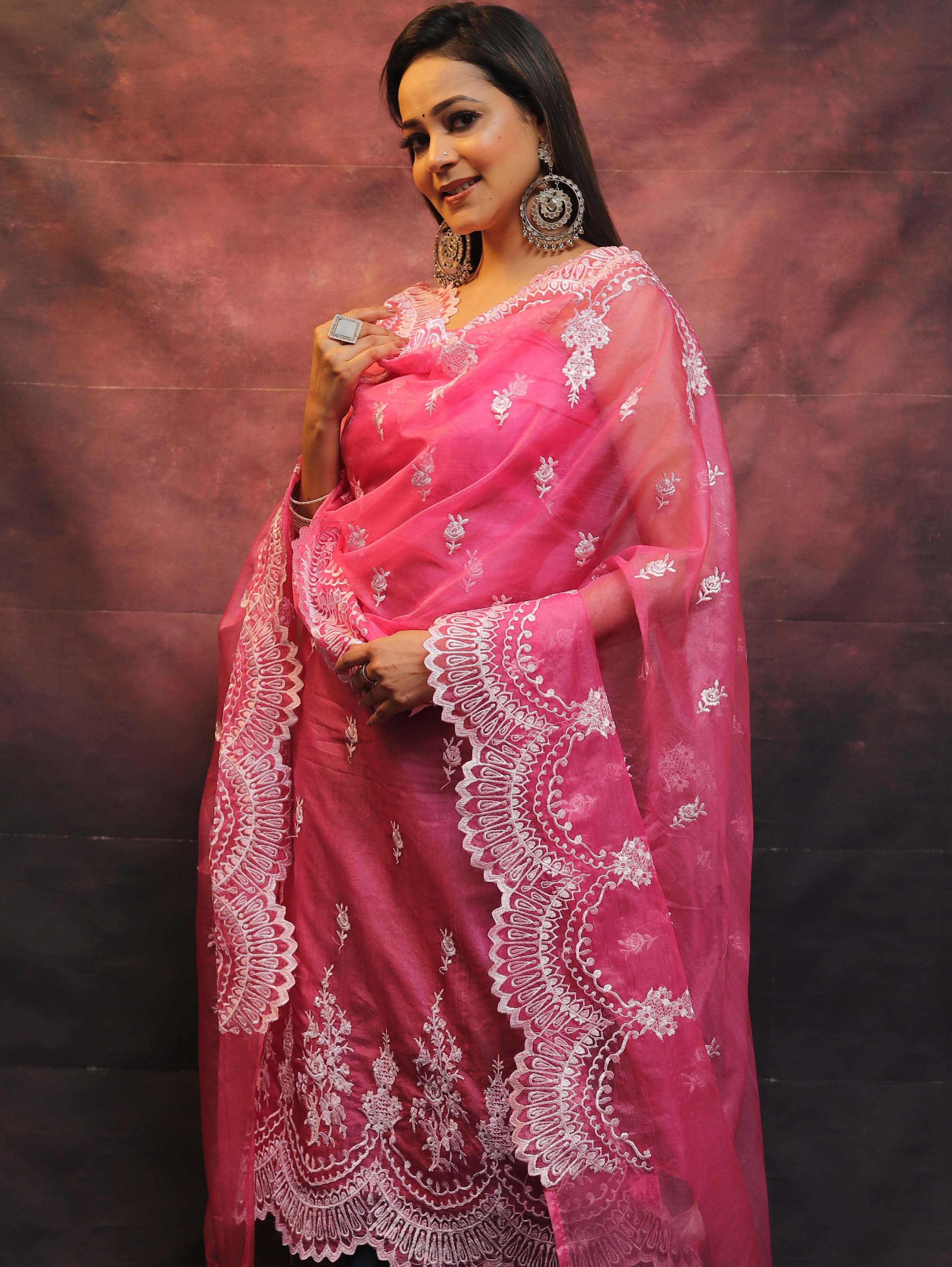Banarasee Organza Resham Work Salwar Kameez Fabric With Dupatta-Pink
