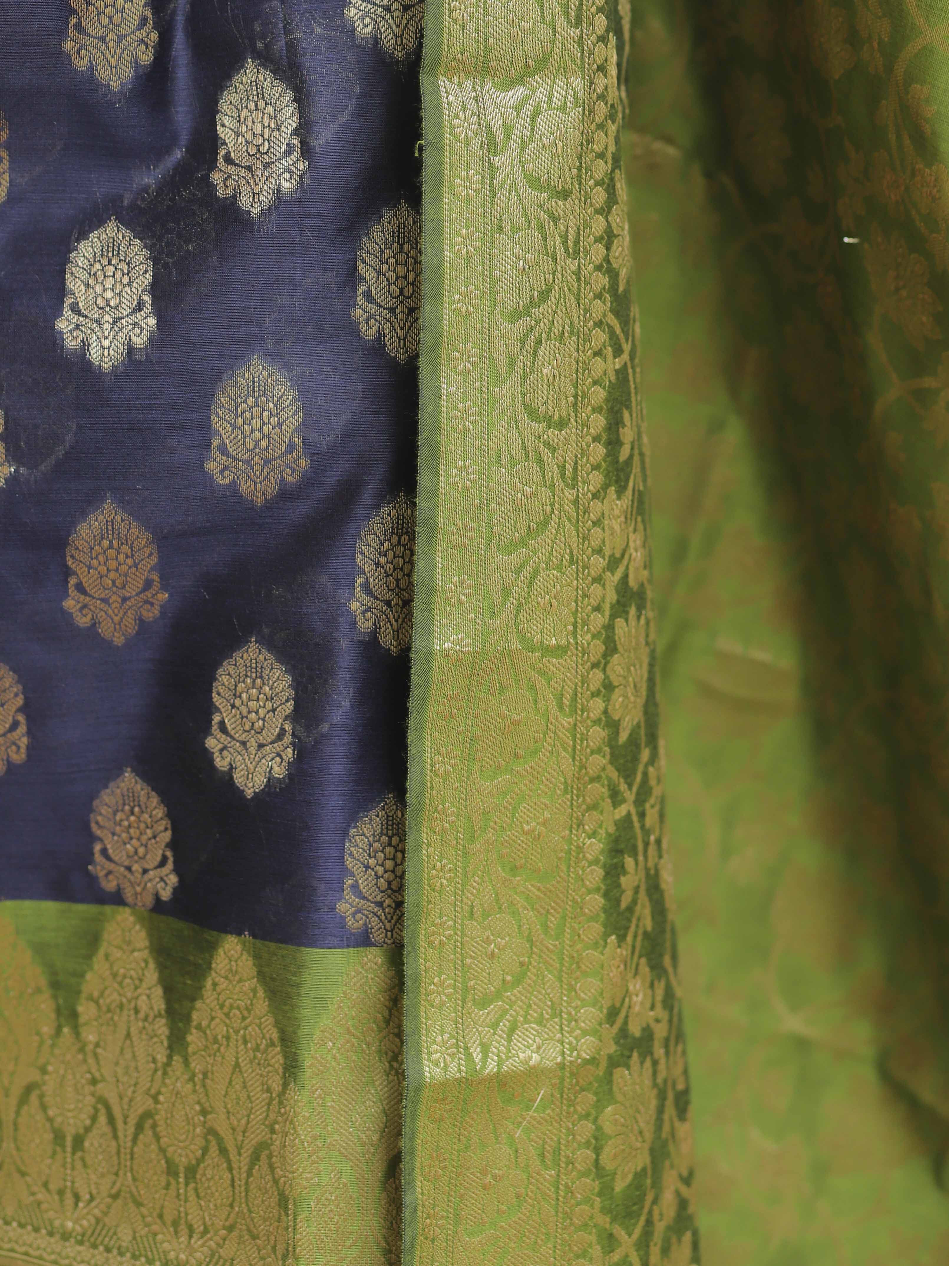 Banarasee Chanderi Cotton Salwar Kameez Fabric With Antique Zari & Contrast Dupatta-Blue & Olive Green