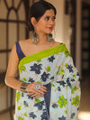Handloom Mul Cotton Hand-Block Print Saree-White
