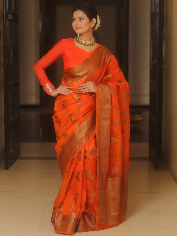 Banarasee Organza Saree With Antique Zari Buta Design-Orange