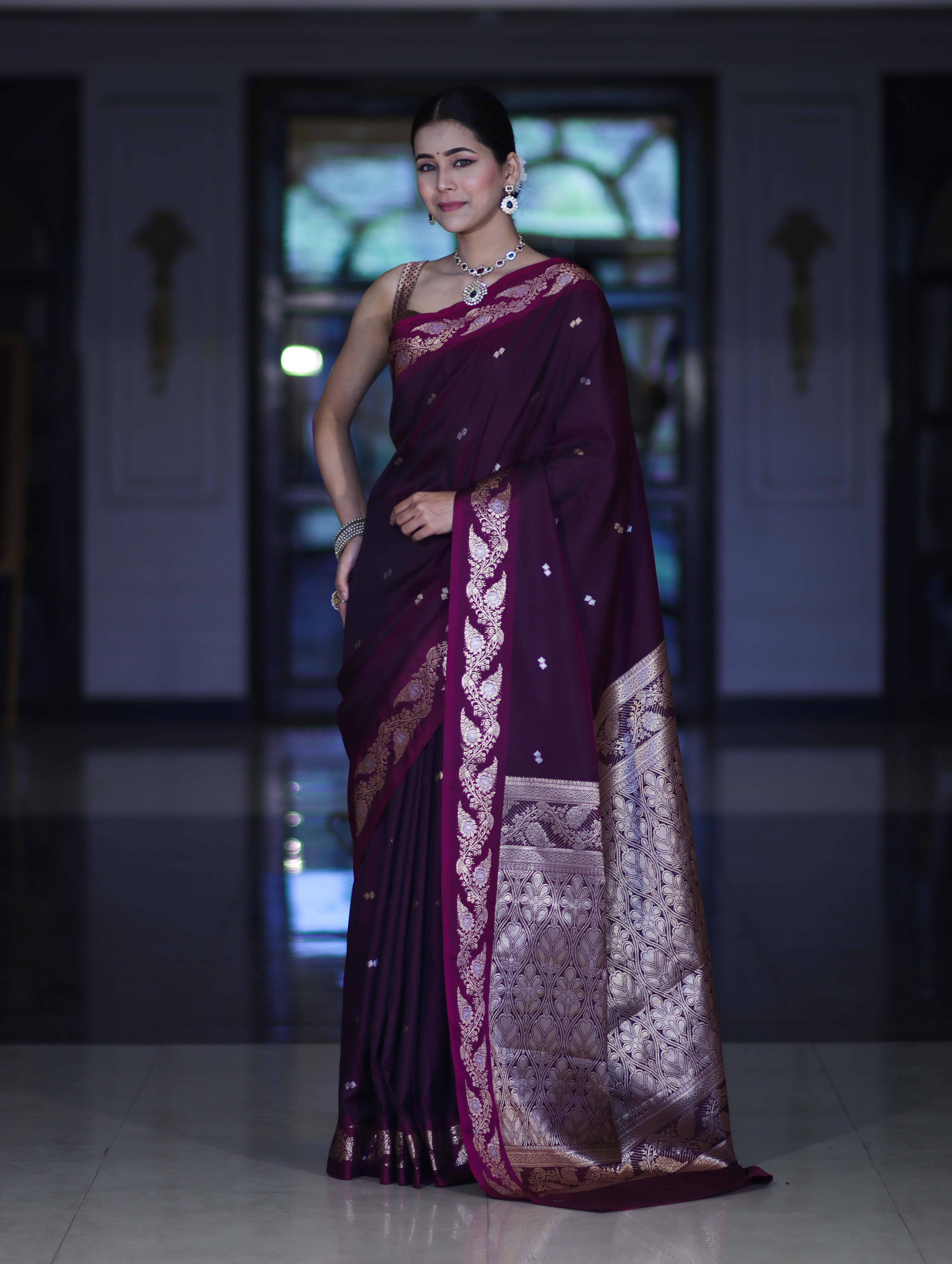 Banarasee Handloom Semi Silk Saree With Sona Rupa Zari Buti Design & Floral Border-Wine