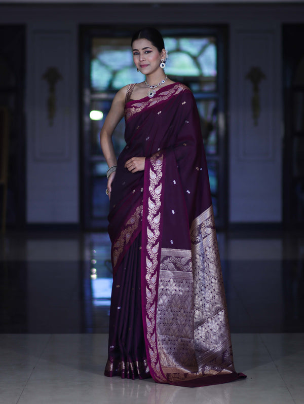 Banarasee Handloom Semi Silk Saree With Sona Rupa Zari Buti Design & Floral Border-Wine