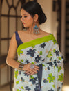 Handloom Mul Cotton Hand-Block Print Saree-White