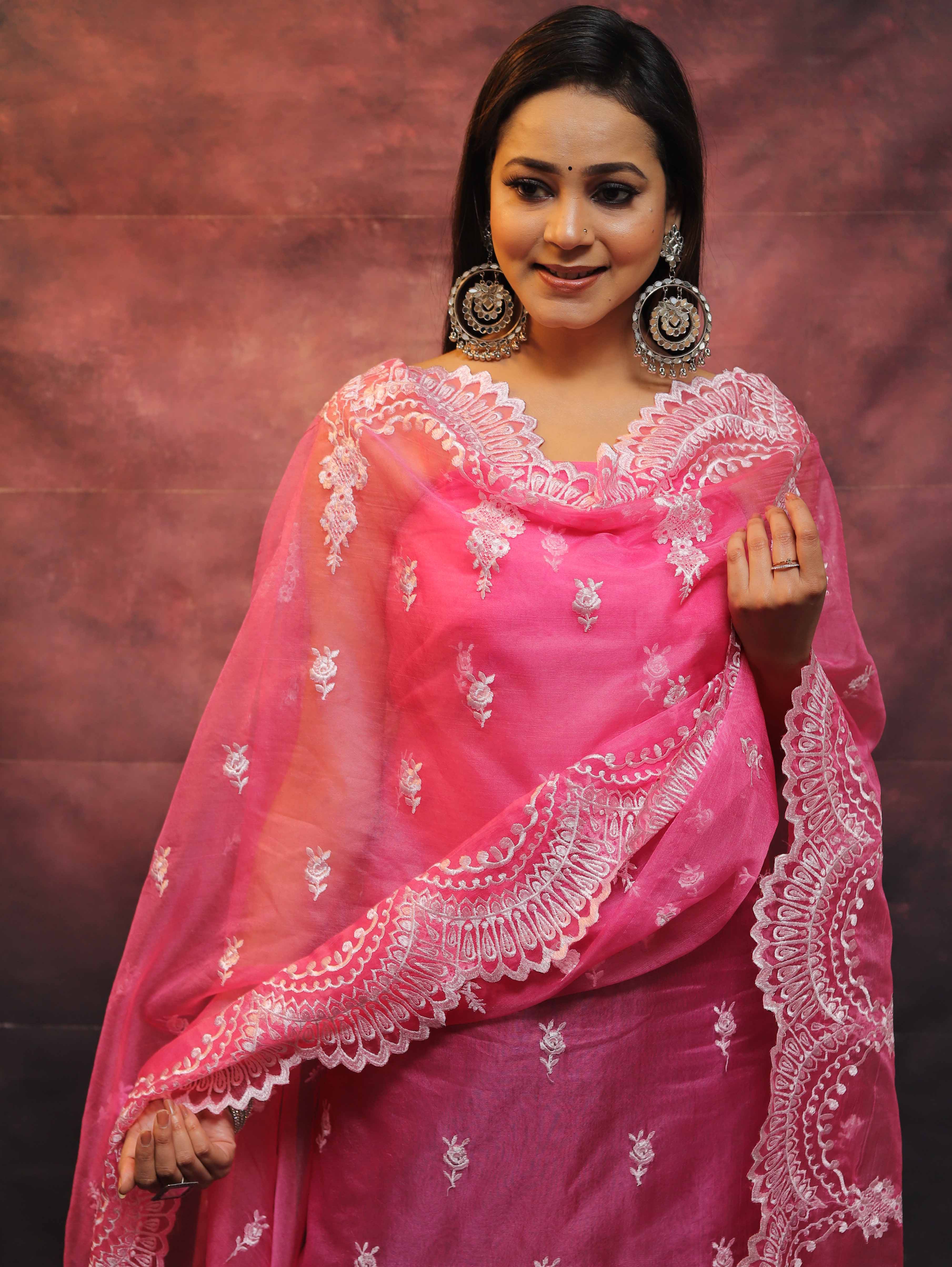 Banarasee Organza Resham Work Salwar Kameez Fabric With Dupatta-Pink