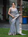 Banarasee Handloom Cotton Silk Saree With Zari Work & Border-Dusty Blue