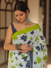 Handloom Mul Cotton Hand-Block Print Saree-White