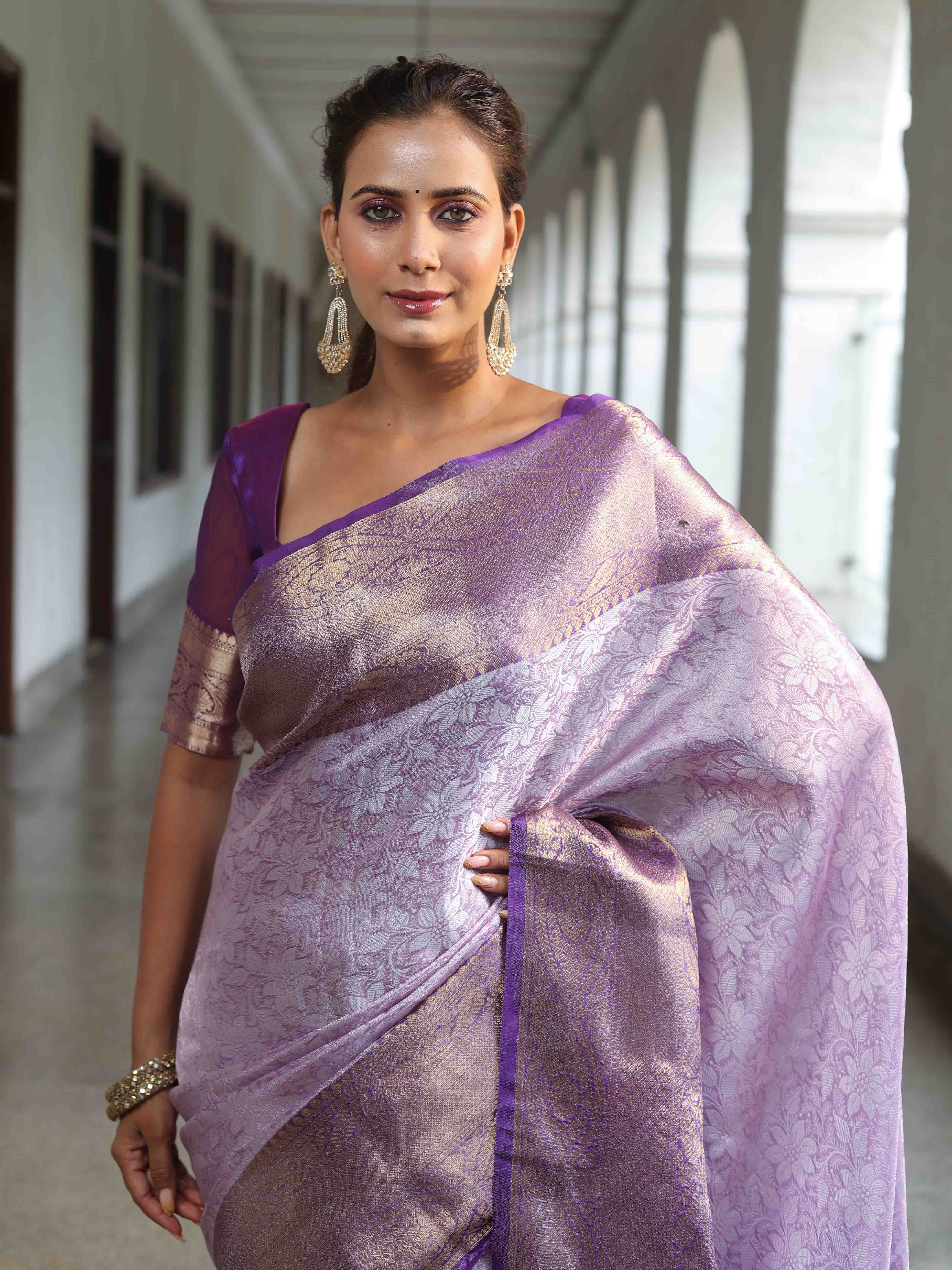 Banarasee Handwoven Semi Silk Saree With Floral Weaving & Board Zari Border-Purple(Dual Tone)