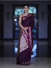 Banarasee Handloom Semi Silk Saree With Sona Rupa Zari Buti Design & Floral Border-Wine