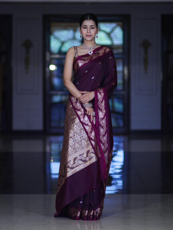 Banarasee Handloom Semi Silk Saree With Sona Rupa Zari Buti Design & Floral Border-Wine