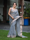 Banarasee Handloom Cotton Silk Saree With Zari Work & Border-Dusty Blue