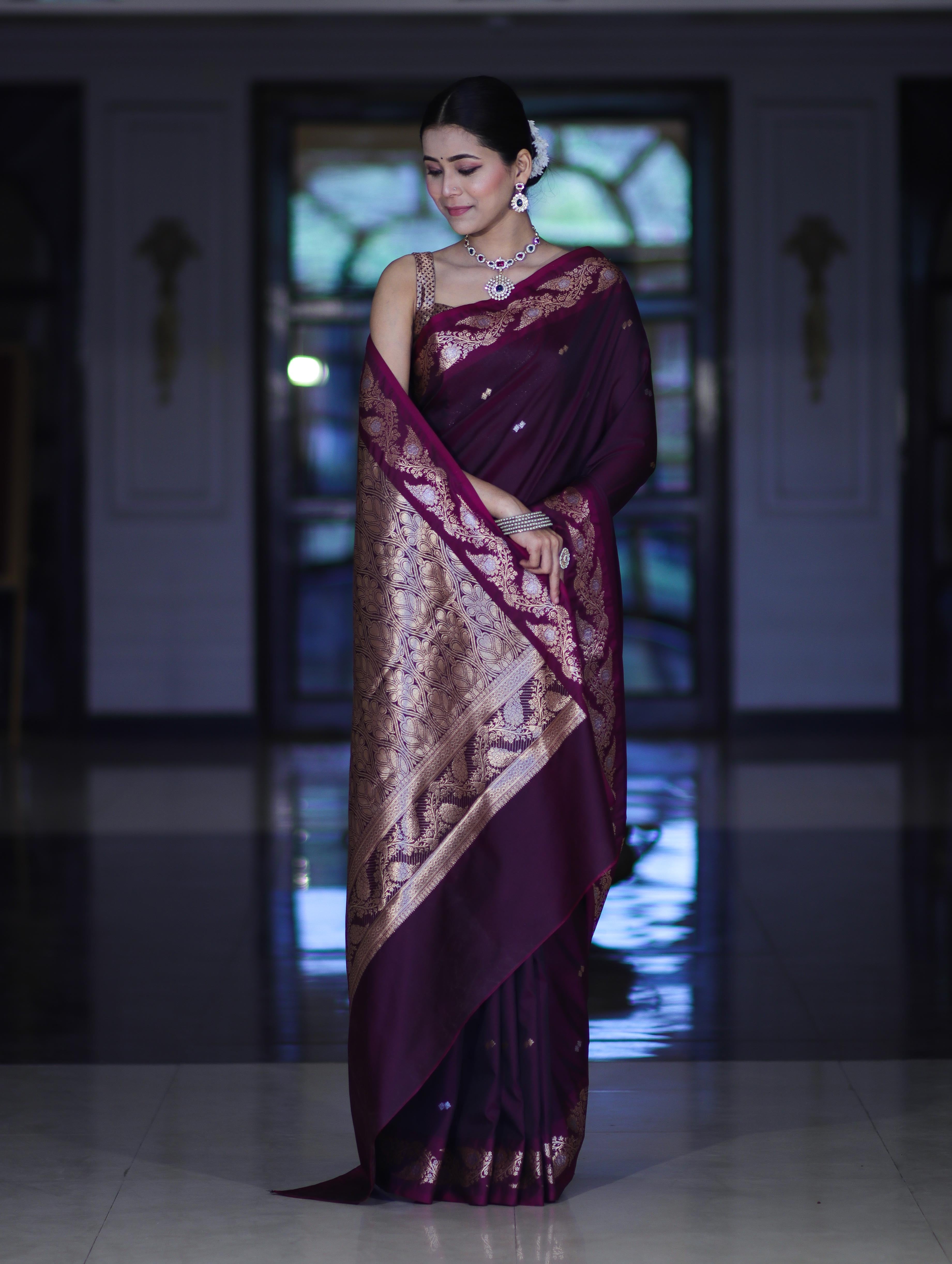 Banarasee Handloom Semi Silk Saree With Sona Rupa Zari Buti Design & Floral Border-Wine