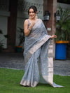 Banarasee Handloom Cotton Silk Saree With Zari Work & Border-Dusty Blue