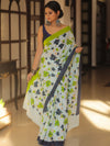 Handloom Mul Cotton Hand-Block Print Saree-White