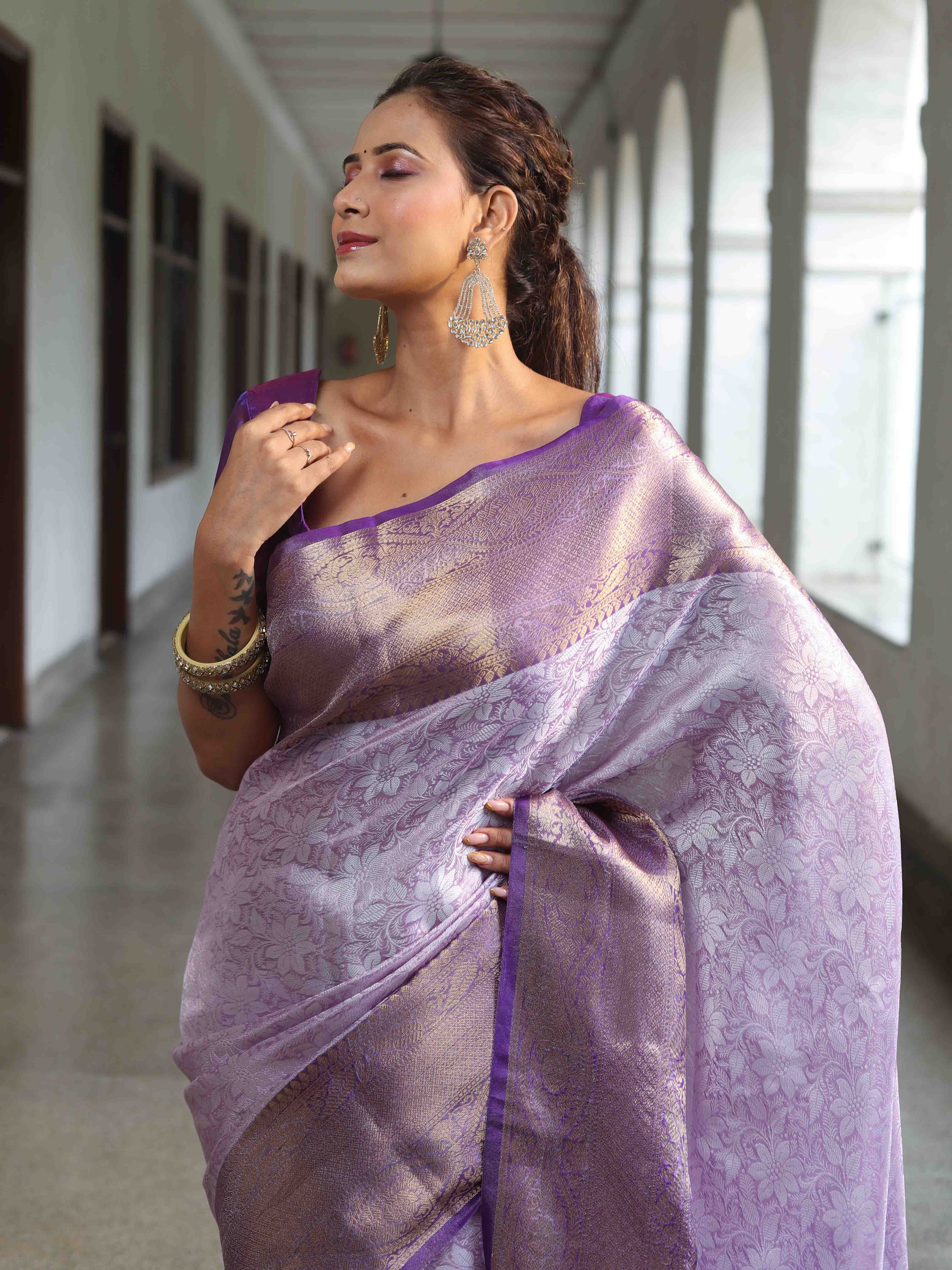 Banarasee Handwoven Semi Silk Saree With Floral Weaving & Board Zari Border-Purple(Dual Tone)