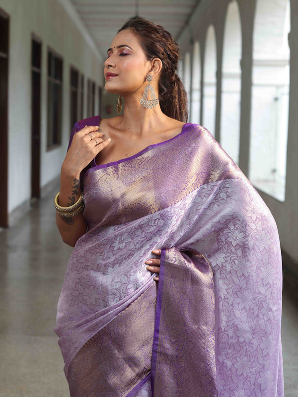 Banarasee Handwoven Semi Silk Saree With Floral Weaving & Board Zari Border-Purple(Dual Tone)