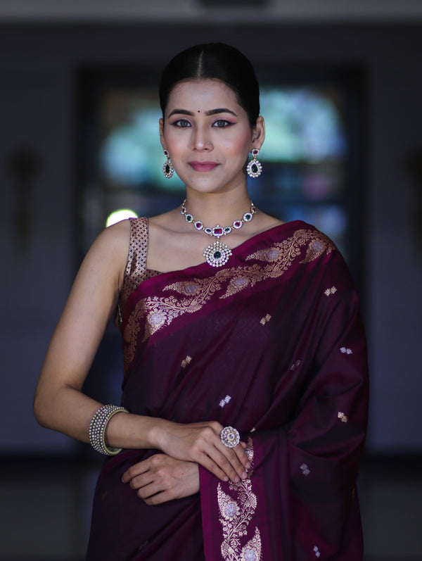 Banarasee Handloom Semi Silk Saree With Sona Rupa Zari Buti Design & Floral Border-Wine