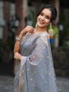 Banarasee Handloom Cotton Silk Saree With Zari Work & Border-Dusty Blue