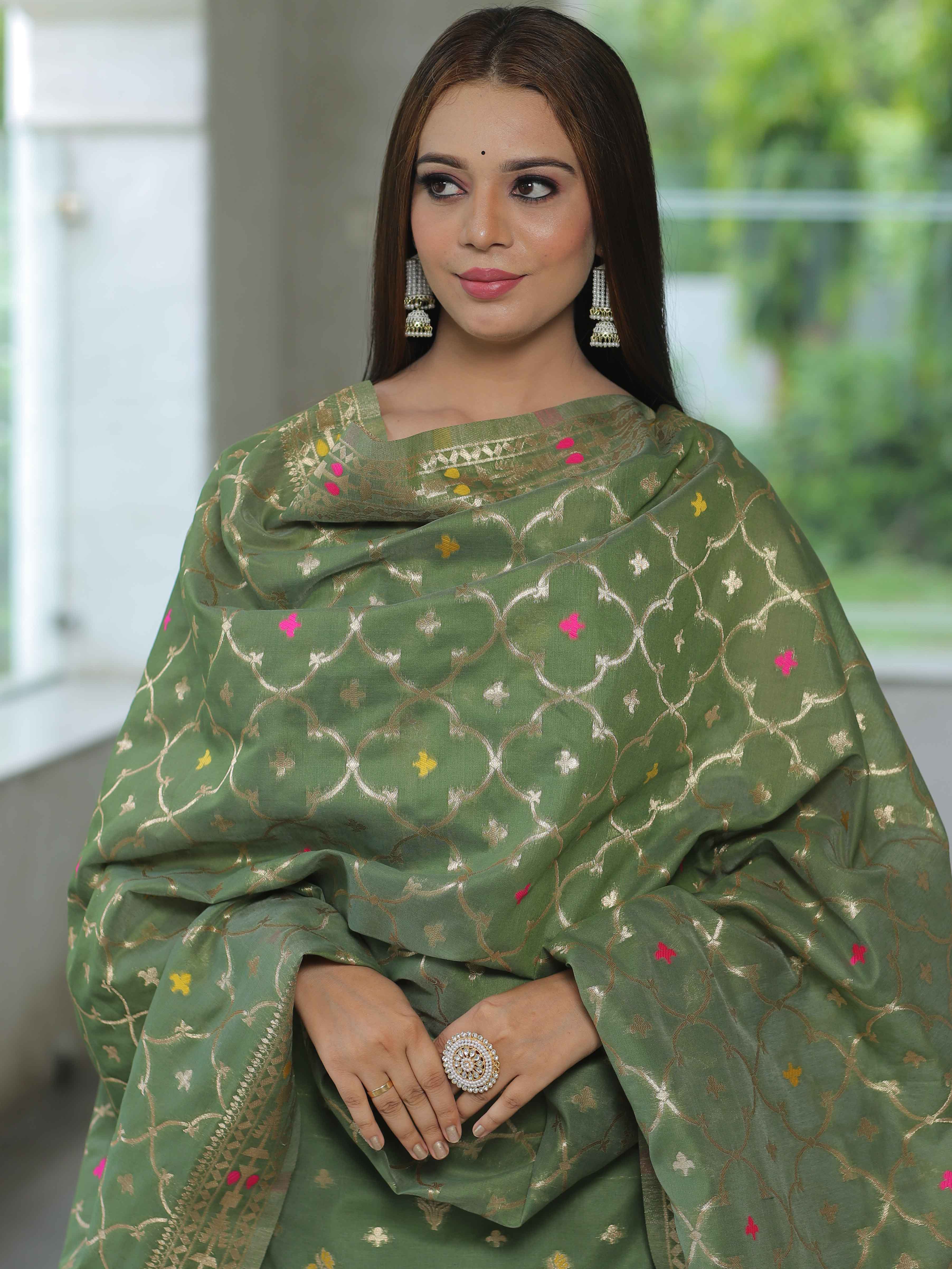 Banarasee Handloom Chanderi Salwar Kameez Fabric With Meena & Zari Design-Olive Green