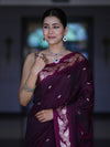Banarasee Handloom Semi Silk Saree With Sona Rupa Zari Buti Design & Floral Border-Wine