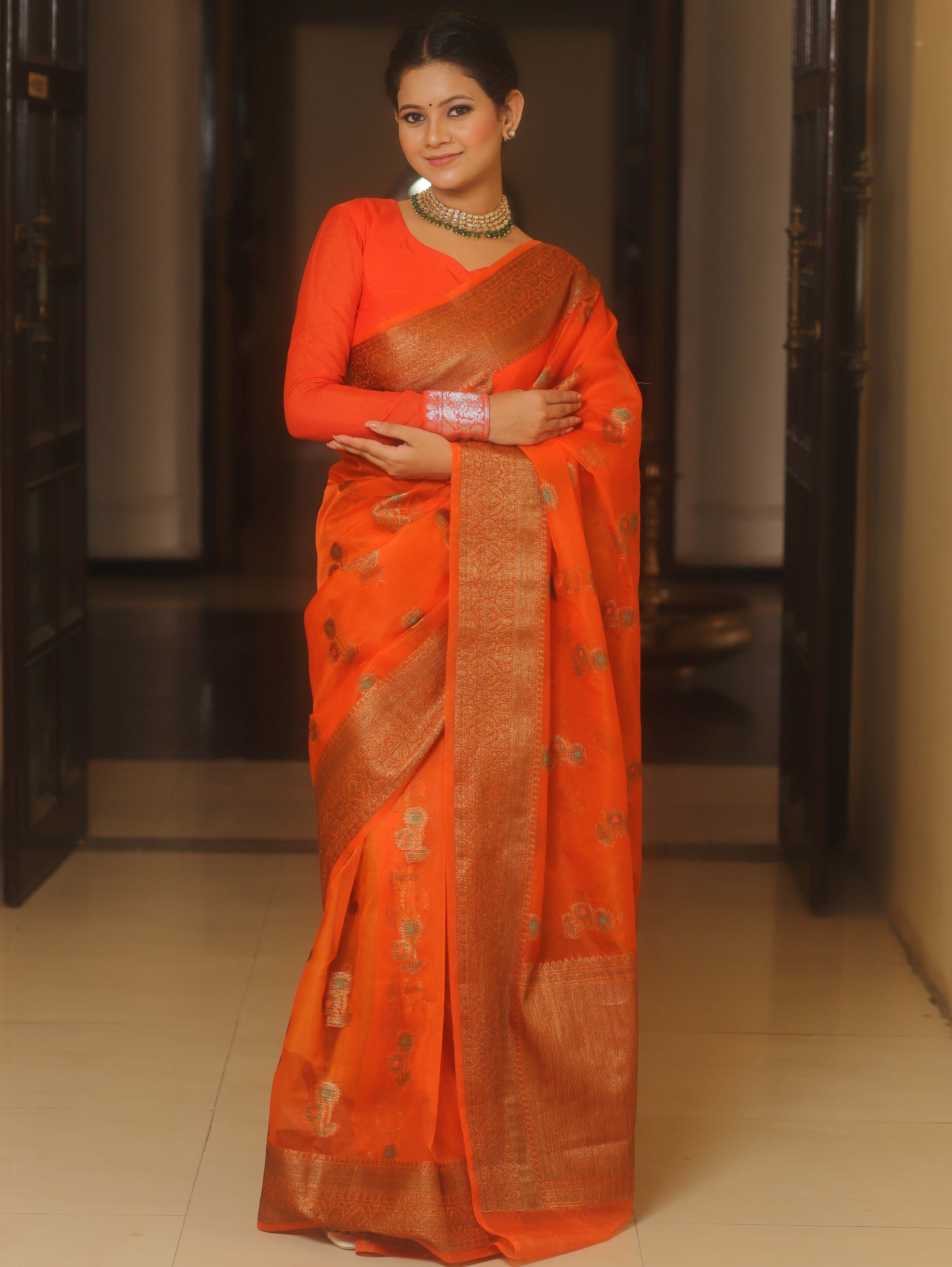 Banarasee Organza Saree With Antique Zari Buta Design-Orange
