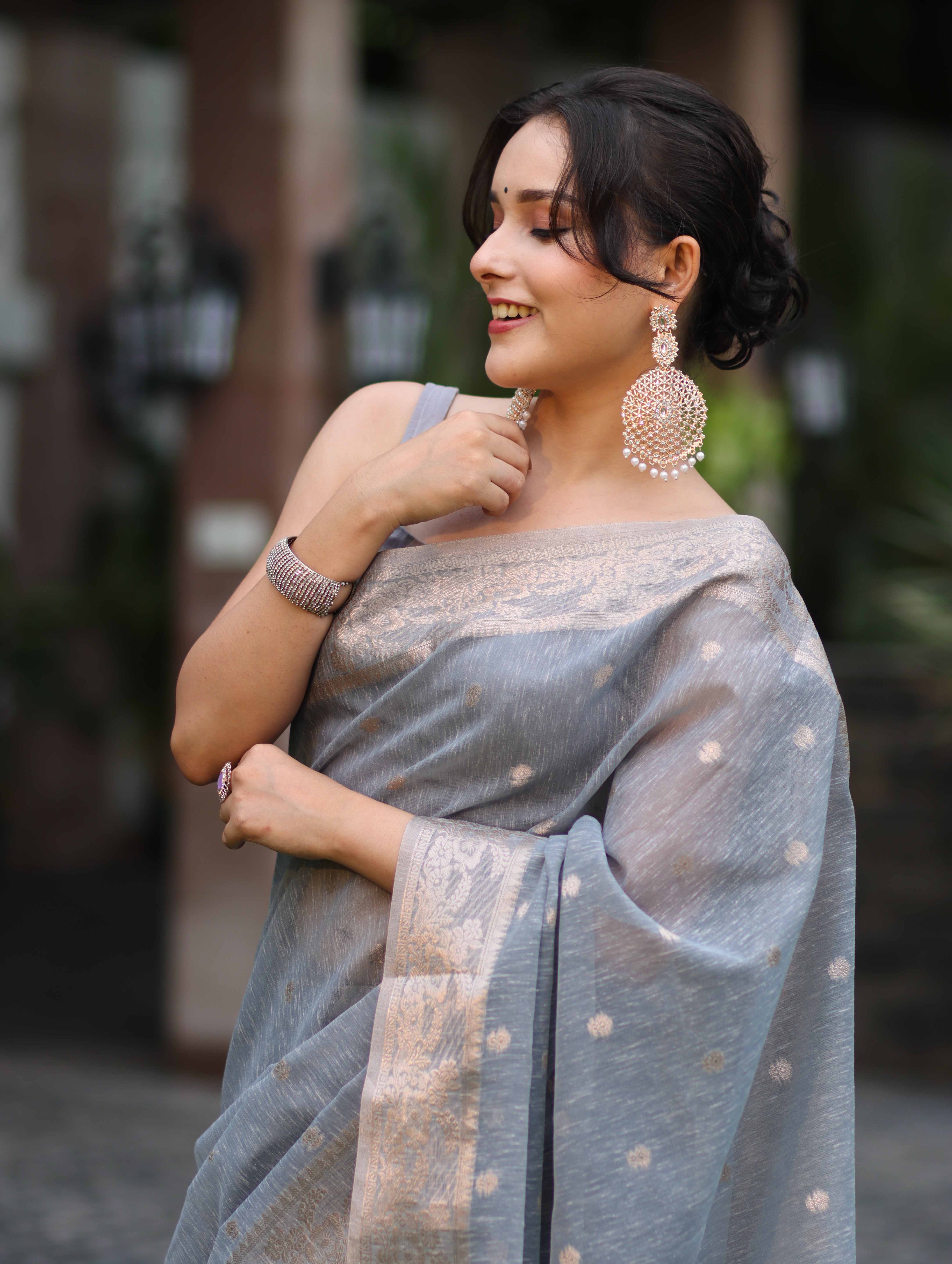 Banarasee Handloom Cotton Silk Saree With Zari Work & Border-Dusty Blue
