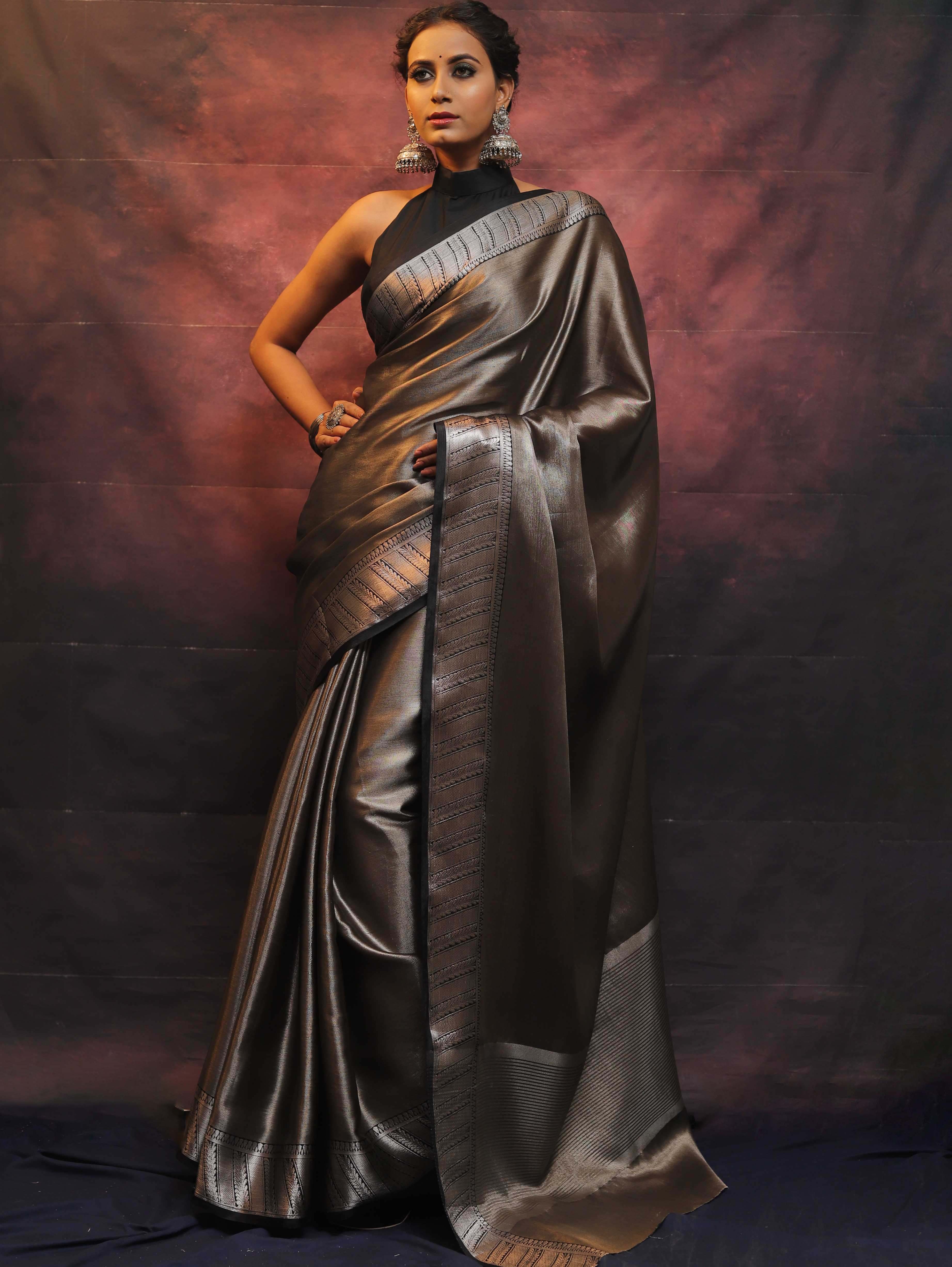 Banarasee Handwoven Tissue Silver Zari Saree-Black