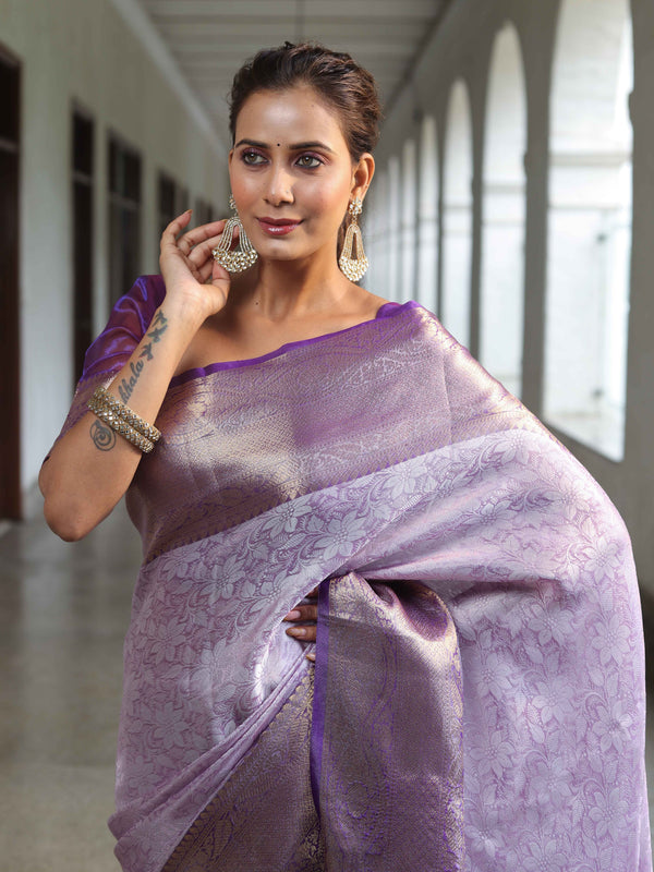 Banarasee Handwoven Semi Silk Saree With Floral Weaving & Board Zari Border-Purple(Dual Tone)