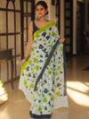 Handloom Mul Cotton Hand-Block Print Saree-White