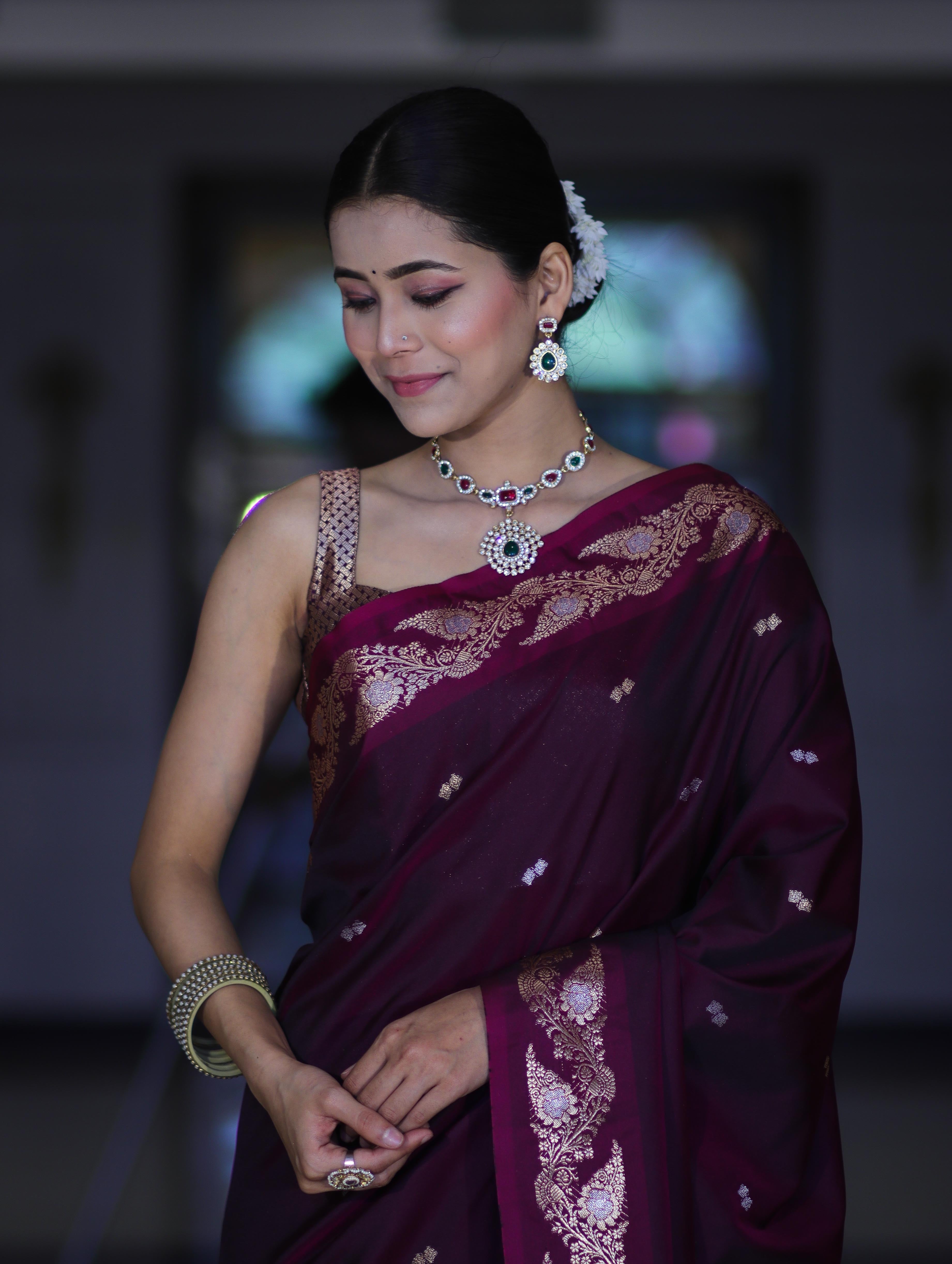 Banarasee Handloom Semi Silk Saree With Sona Rupa Zari Buti Design & Floral Border-Wine