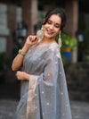 Banarasee Handloom Cotton Silk Saree With Zari Work & Border-Dusty Blue
