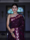 Banarasee Handloom Semi Silk Saree With Sona Rupa Zari Buti Design & Floral Border-Wine
