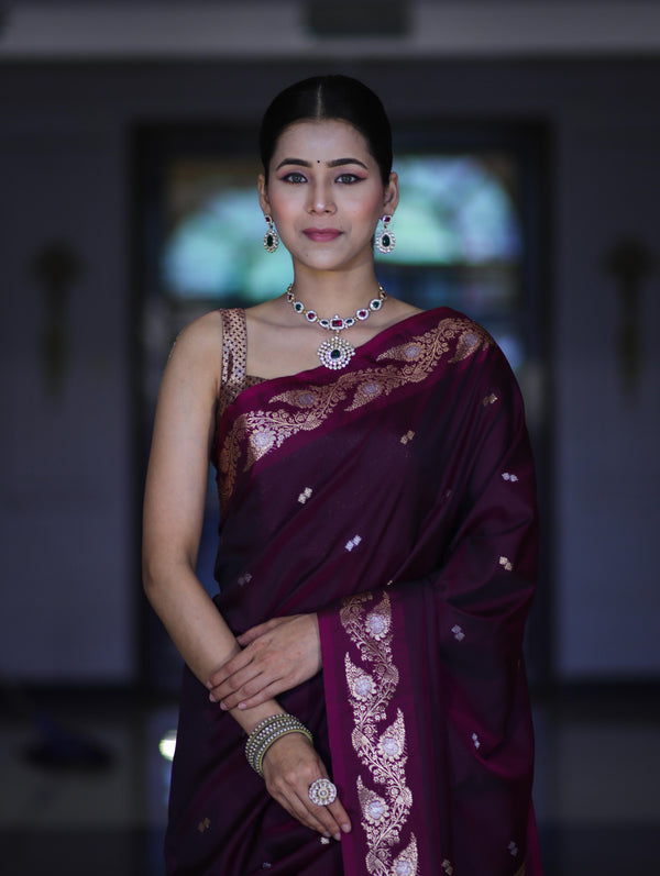 Banarasee Handloom Semi Silk Saree With Sona Rupa Zari Buti Design & Floral Border-Wine