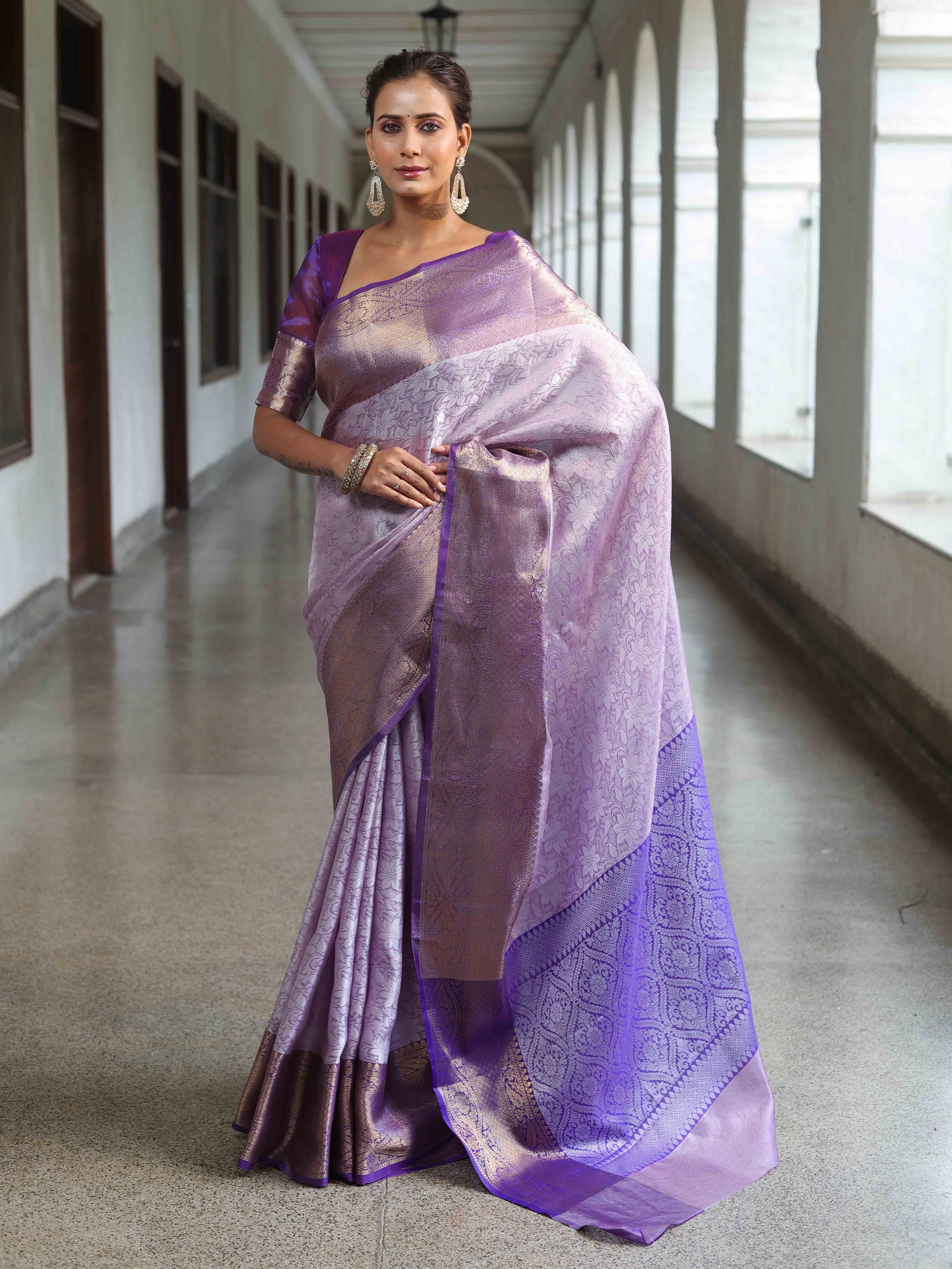 Banarasee Handwoven Semi Silk Saree With Floral Weaving & Board Zari Border-Purple(Dual Tone)